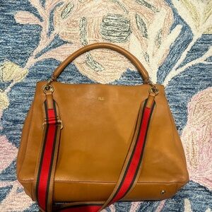 Mark & Graham Tan Leather Shoulder Bag with Red and Black Strap
